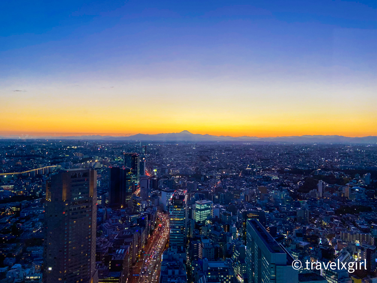 The sunset view from Shibuya Sky, Tokyo, Japan