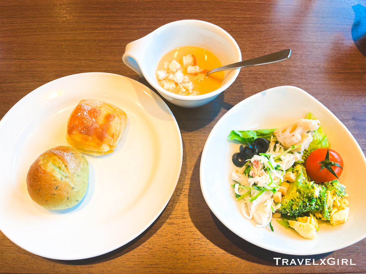 Breads, soup, and salad at Volks Restaurant, Japan